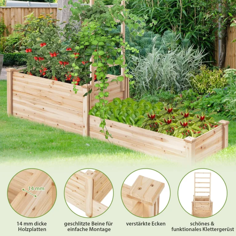 GOPLUS Blumenkasten mit Rankgitter, Hochbeet mit Spalier, Pflanzkasten mit offenem Boden, Gartenspalier aus Tannenholz, Kräuterbeet Gartenbeet für Hof, Terrasse (223 x 64 x 134 cm) – Bild 5