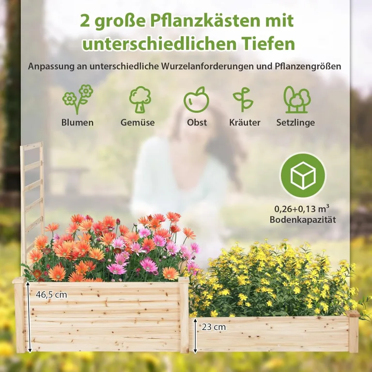 GOPLUS Blumenkasten mit Rankgitter, Hochbeet mit Spalier, Pflanzkasten mit offenem Boden, Gartenspalier aus Tannenholz, Kräuterbeet Gartenbeet für Hof, Terrasse (223 x 64 x 134 cm) – Bild 2