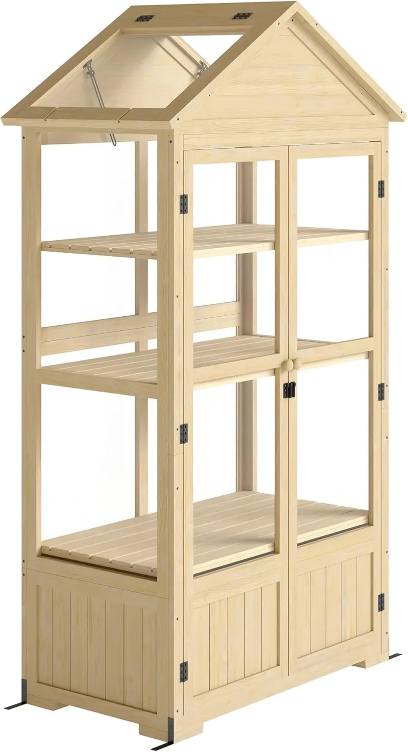 Outsunny Frühbeet aus Holz Abschließbar Gewächshaus Treibhaus mit 4 Ebenen, Dachfenster, Frühbeetkasten mit Doppeltür, für Garten, Balkon, Natur, 100 x 56,5 x 178 cm - Bild 1