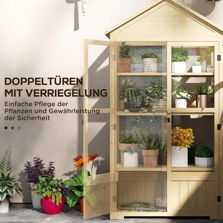 Outsunny Frühbeet aus Holz Abschließbar Gewächshaus Treibhaus mit 4 Ebenen, Dachfenster, Frühbeetkasten mit Doppeltür, für Garten, Balkon, Natur, 100 x 56,5 x 178 cm – Bild 5