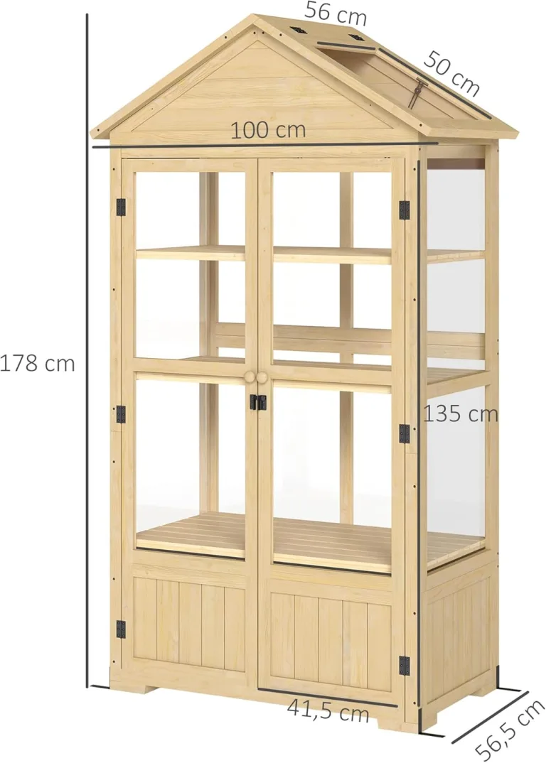 Outsunny Frühbeet aus Holz Abschließbar Gewächshaus Treibhaus mit 4 Ebenen, Dachfenster, Frühbeetkasten mit Doppeltür, für Garten, Balkon, Natur, 100 x 56,5 x 178 cm – Bild 7