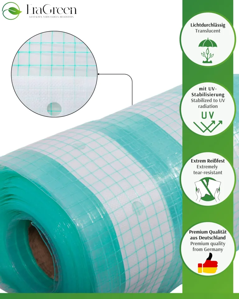 EraGreen Gitterfolie 1,5m x 10m - 280g/m² reißfeste Gewächshaus Folie mit Nagelrand, hoch UV-Stabil Gartenfolie für Tomatenhaus und Frühbeet, Gewebefolie – Bild 2