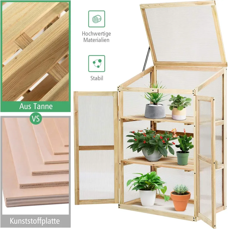 GOPLUS Frühbeet, Frühbeetkasten mit Abdeckung, Gewächshaus aus Tannenholz & Polycarbonat, Hochbeet Treibhaus für Garten & Balkon, 60 x 45 x 100 cm – Bild 4