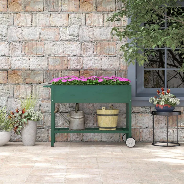 Outsunny Hochbeet mit Rädern, Regal Kräuterbeet Pflanzenbeet Metall für Garten, Balkon Grün 109 x 44 x 80 cm – Bild 8