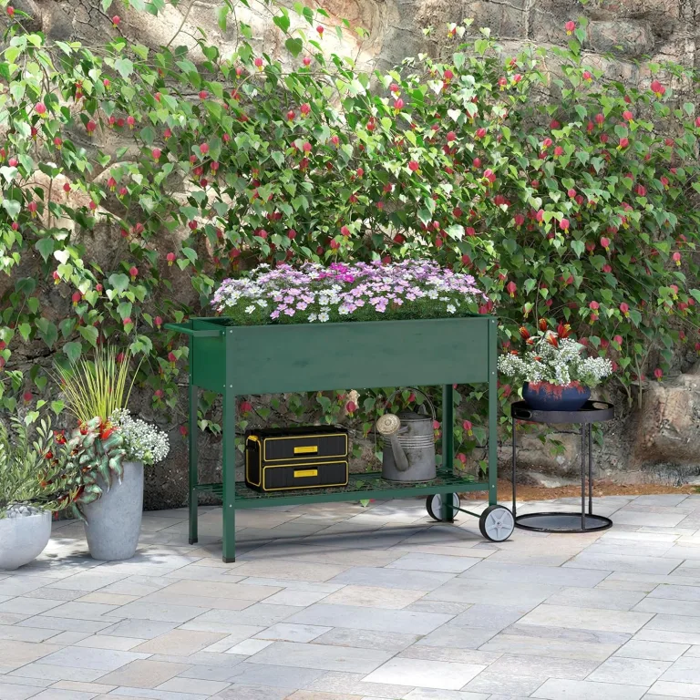 Outsunny Hochbeet mit Rädern, Regal Kräuterbeet Pflanzenbeet Metall für Garten, Balkon Grün 109 x 44 x 80 cm – Bild 2
