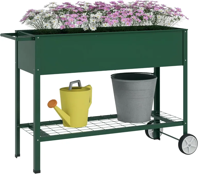 Outsunny Hochbeet mit Rädern, Regal Kräuterbeet Pflanzenbeet Metall für Garten, Balkon Grün 109 x 44 x 80 cm – Bild 1