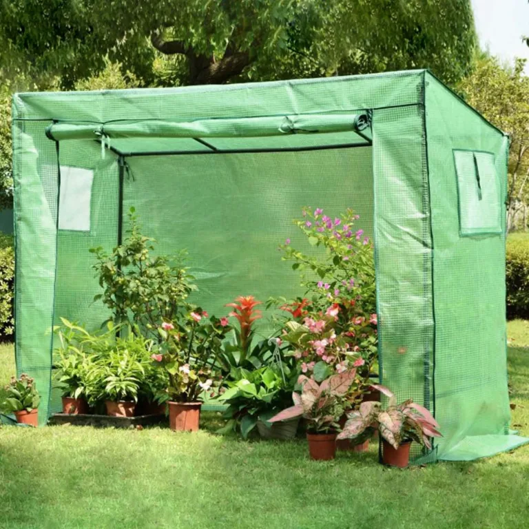 NATIV Robustes Tomaten Gewächshaus, Foliengewächshaus mit 2 Fenstern, Tomatenhaus mit aufrollbarer Türe, Tomatendach 200 x 77 x 169 cm, Tomatengewächshaus aus grüner Gewächshausfolie – Bild 3