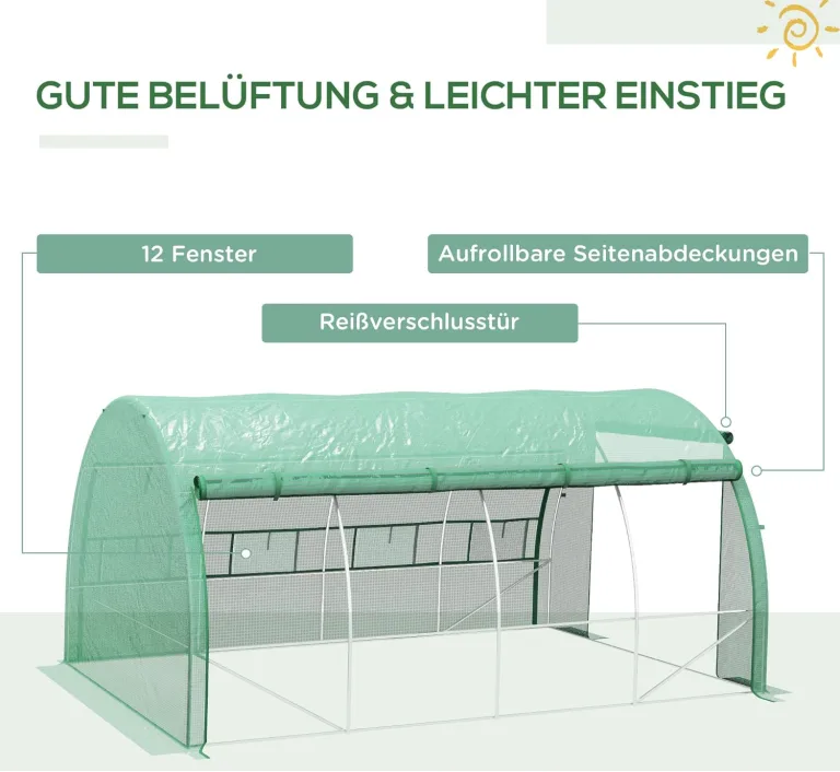 Outsunny Foliengewächshaus Polytunnel 4 x 3 x 2 m begehbares Gewächshaus mit aufrollbar Abdeckungen Folientunnel Treibhaus UV-Schutz Stahlrohr Grün – Bild 5