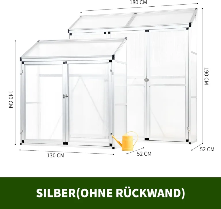 Anlehngewächshaus Tomaten Gewächshaus 180x52x190cm Aluminium Beistell-Gewächshaus, Treibhaus Gartenhaus Frühbeet Ohne Rückwand, Gewächshaus Winterfest Klein, Minigewächshaus, Silber – Bild 6