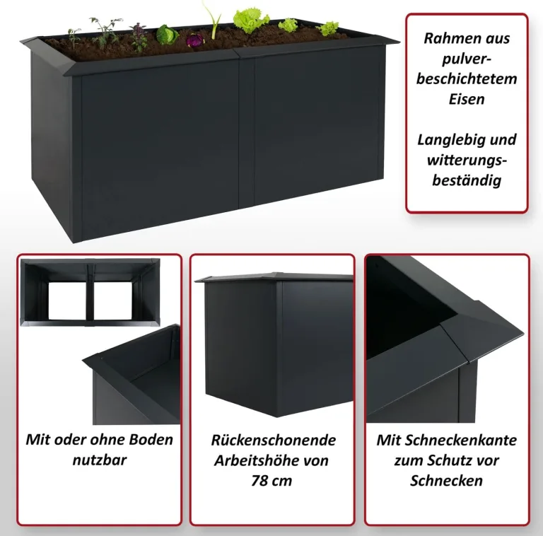 Hochbeet HWC-N24, Metallhochbeet Gemüsebeet Blumenkasten Pflanzkübel, Schneckenkante 78x170x90cm Eisen 52kg, anthrazit – Bild 2
