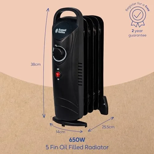 Russell Hobbs RHOFR3001, 650 W, ölgefüllte, tragbare Elektroheizung, 5 Lamellen, schwarz, einstellbarer Thermostat, Sicherheitsabschaltung, 10 m², Raumgröße – Bild 5