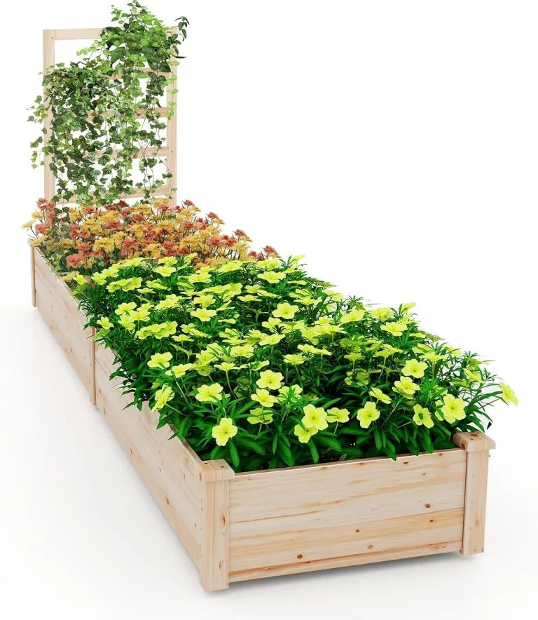 HOMASIS Blumenkasten mit Rankgitter, Hochbeet mit Spalier, Pflanzenkasten Holz, Blumenbeet mit Rankhilfer, Gartenspalier für Kletterpflanzen, Rankkasten für Balkon Garten (Natur, 235x63x102cm) – Bild 1
