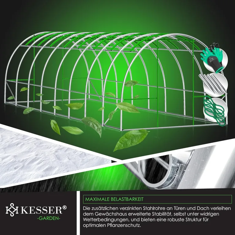 KESSER® Folien-Gewächshaus Stabil mit 16 Fenster mit Moskitonetz & Tür | Gartentunnel mit Rahmen aus verzinktem Stahl | Folientunnel 170g/m² inkl. Erdanker Handschuhen & Seilen | 800x300cm Grün – Bild 7