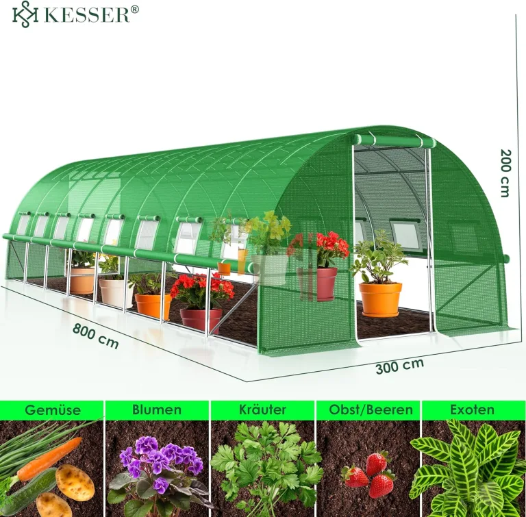 KESSER® Folien-Gewächshaus Stabil mit 16 Fenster mit Moskitonetz & Tür | Gartentunnel mit Rahmen aus verzinktem Stahl | Folientunnel 170g/m² inkl. Erdanker Handschuhen & Seilen | 800x300cm Grün – Bild 10