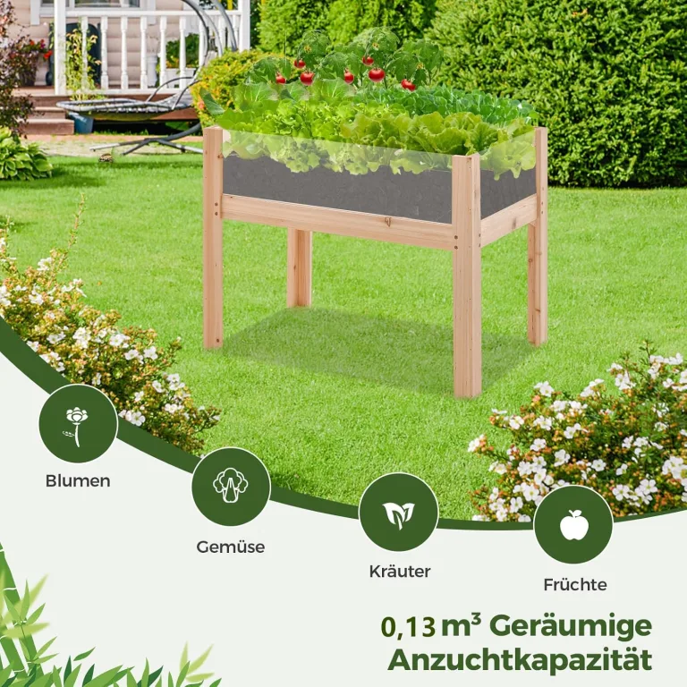 COSTWAY Hochbeet aus Holz, 130L, erhöhtes Pflanzbeet mit Ablauflöchern & transparenten Acrylplatten, Kräuterbeet rechteckig, Gartenbeet für Garten Terrasse Balkon, Pflanzkasten Natur(100x59x77cm) – Bild 3