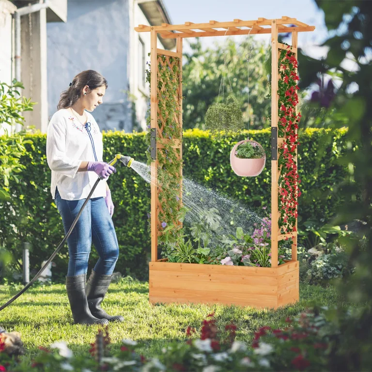 COSTWAY Blumenkasten mit Rankgitter & hängendem Dach, Pflanzkasten mit Rankhilfe, Hochbeet für Kletterpflanzen & hängende Körbe, für Hof Garten Terrasse, Pflanzkübel Holz, Orange (110x44x182cm) – Bild 2