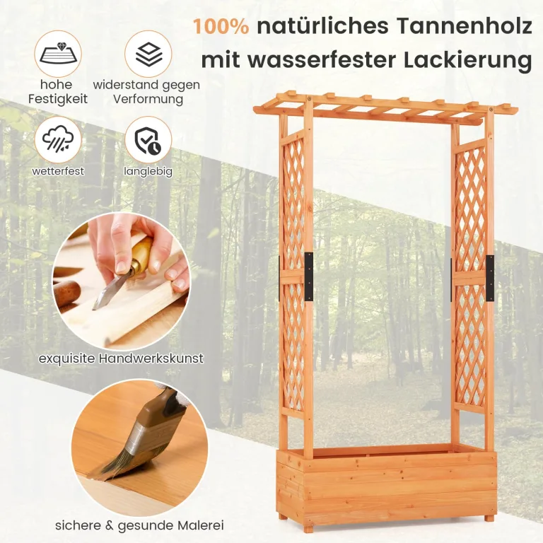 COSTWAY Blumenkasten mit Rankgitter & hängendem Dach, Pflanzkasten mit Rankhilfe, Hochbeet für Kletterpflanzen & hängende Körbe, für Hof Garten Terrasse, Pflanzkübel Holz, Orange (110x44x182cm) – Bild 4