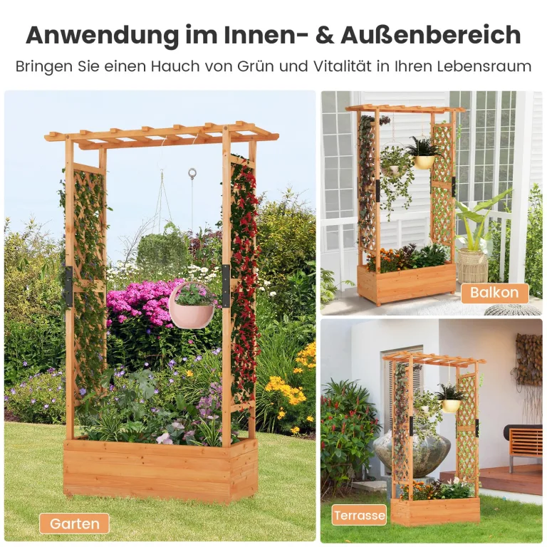 COSTWAY Blumenkasten mit Rankgitter & hängendem Dach, Pflanzkasten mit Rankhilfe, Hochbeet für Kletterpflanzen & hängende Körbe, für Hof Garten Terrasse, Pflanzkübel Holz, Orange (110x44x182cm) – Bild 7