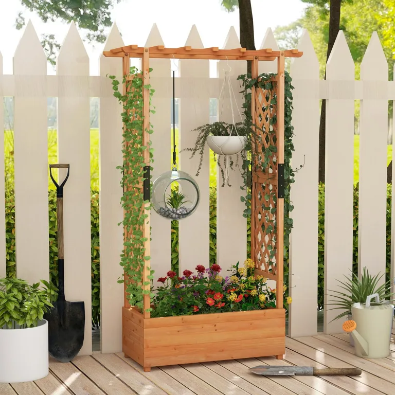COSTWAY Blumenkasten mit Rankgitter & hängendem Dach, Pflanzkasten mit Rankhilfe, Hochbeet für Kletterpflanzen & hängende Körbe, für Hof Garten Terrasse, Pflanzkübel Holz, Orange (110x44x182cm) – Bild 8