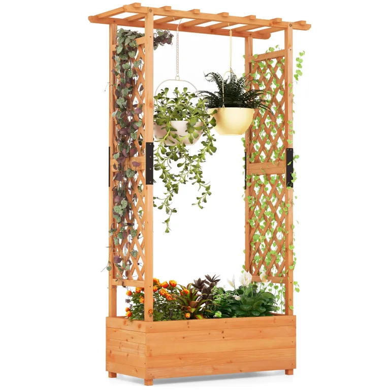 COSTWAY Blumenkasten mit Rankgitter & hängendem Dach, Pflanzkasten mit Rankhilfe, Hochbeet für Kletterpflanzen & hängende Körbe, für Hof Garten Terrasse, Pflanzkübel Holz, Orange (110x44x182cm) – Bild 1