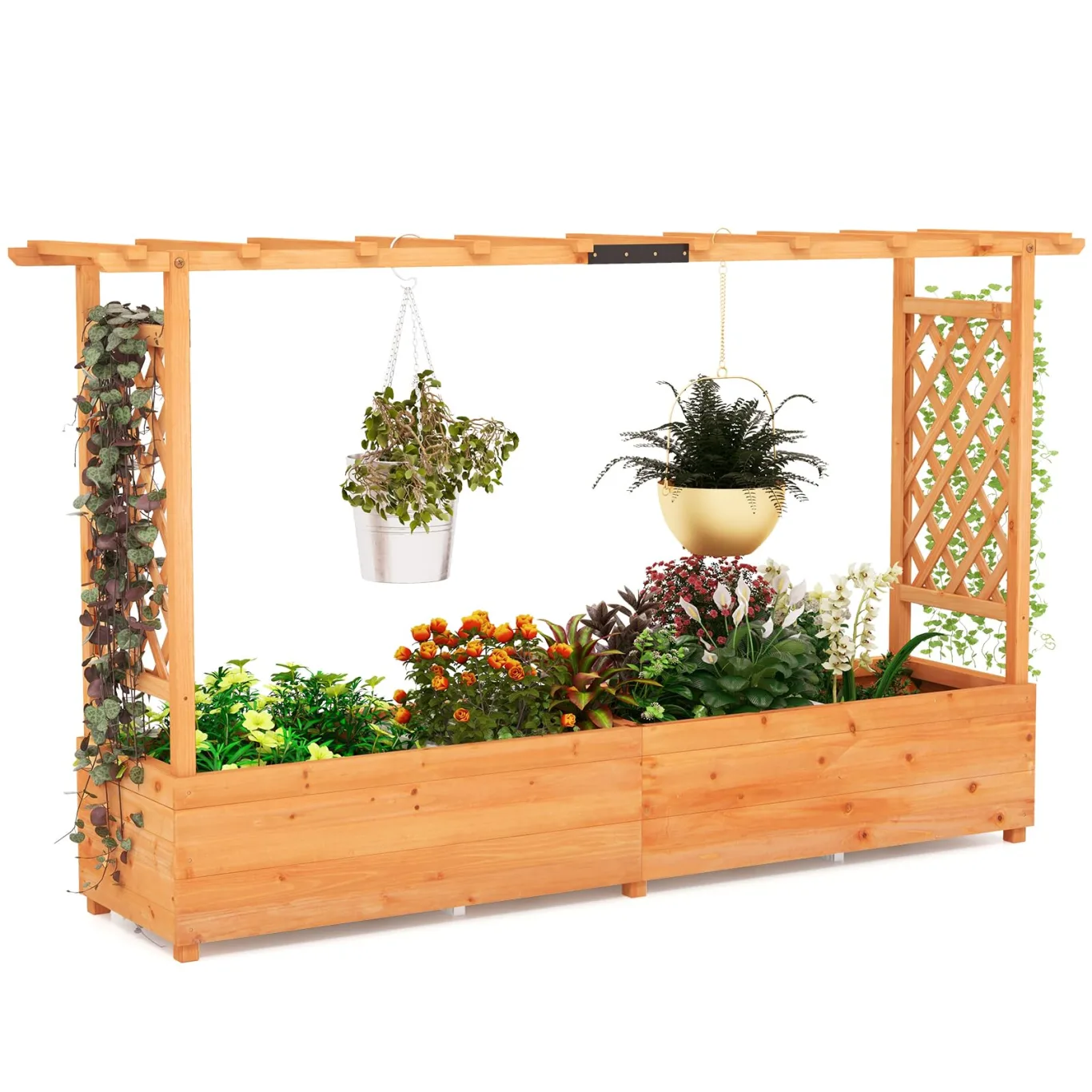 COSTWAY Blumenkasten mit Rankgitter & hängendem Dach, Pflanzkasten mit Rankhilfe, Hochbeet für Kletterpflanzen & hängende Körbe, für Hof Garten Terrasse, Pflanzkübel Holz, Orange (200x44x114cm) - Bild 1