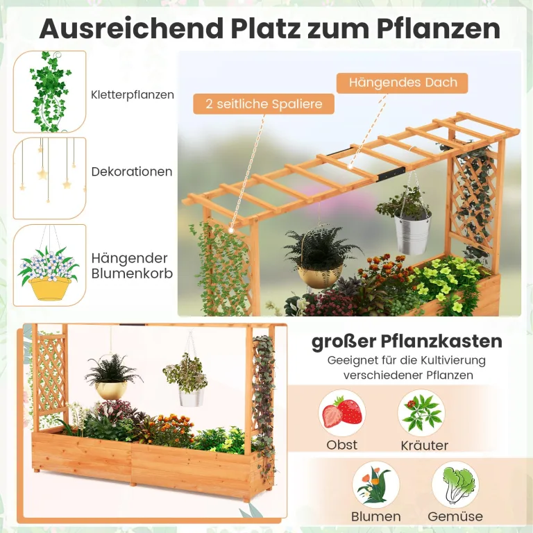 COSTWAY Blumenkasten mit Rankgitter & hängendem Dach, Pflanzkasten mit Rankhilfe, Hochbeet für Kletterpflanzen & hängende Körbe, für Hof Garten Terrasse, Pflanzkübel Holz, Orange (200x44x114cm) – Bild 3
