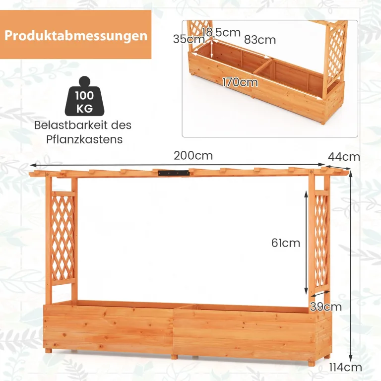 COSTWAY Blumenkasten mit Rankgitter & hängendem Dach, Pflanzkasten mit Rankhilfe, Hochbeet für Kletterpflanzen & hängende Körbe, für Hof Garten Terrasse, Pflanzkübel Holz, Orange (200x44x114cm) – Bild 6