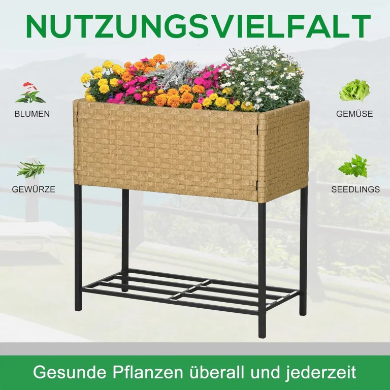 Outsunny Poly Rattan Hochbeet Blumenkasten mit Füßen Rattan Blumenkasten Blumentopf mit Ablage Sand 70 x 30 x 72 cm – Bild 4