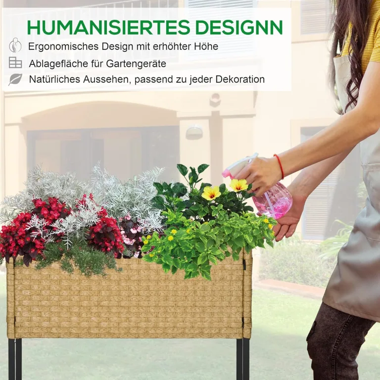 Outsunny Poly Rattan Hochbeet Blumenkasten mit Füßen Rattan Blumenkasten Blumentopf mit Ablage Sand 70 x 30 x 72 cm – Bild 5