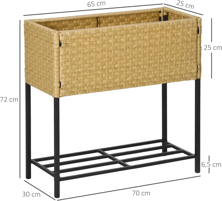 Outsunny Poly Rattan Hochbeet Blumenkasten mit Füßen Rattan Blumenkasten Blumentopf mit Ablage Sand 70 x 30 x 72 cm – Bild 7