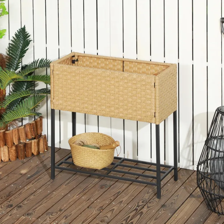 Outsunny Poly Rattan Hochbeet Blumenkasten mit Füßen Rattan Blumenkasten Blumentopf mit Ablage Sand 70 x 30 x 72 cm – Bild 2