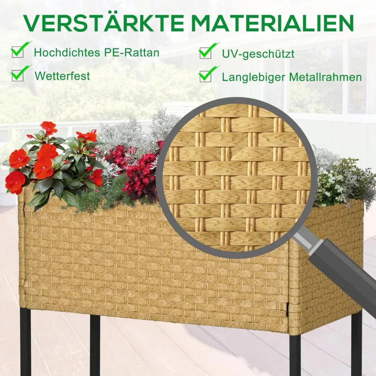 Outsunny Poly Rattan Hochbeet Blumenkasten mit Füßen Rattan Blumenkasten Blumentopf mit Ablage Sand 70 x 30 x 72 cm – Bild 3