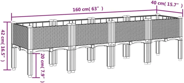 vidaXL Pflanzkasten, Blumenkübel mit Beinen Rattan-Optik, Pflanzkübel für Garten Terrasse, Blumenkasten Hochbeet Gemüsebeet, Braun 160x40x42cm PP – Bild 4