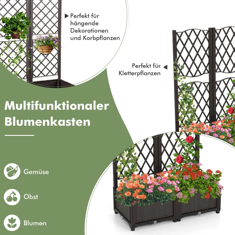 GOPLUS Blumenkasten mit Rankgitter, Hochbeet mit Spalier für Kletterpflanzen & Topfpflanzen, Tiefes Pflanzbeet mit Drainagelöchern für Balkon, Hinterhof & Garten (Braun, 80 x 40 x 122 cm) – Bild 2