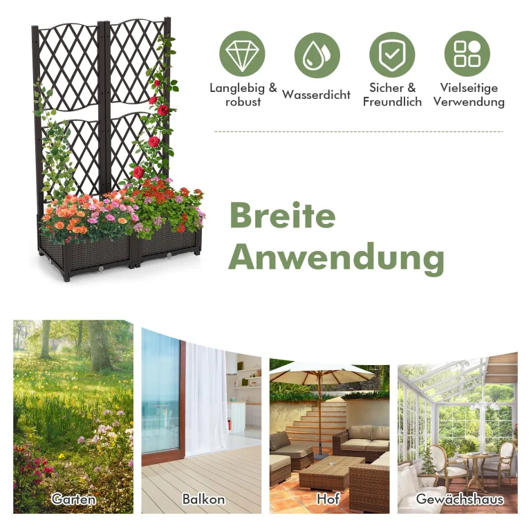 GOPLUS Blumenkasten mit Rankgitter, Hochbeet mit Spalier für Kletterpflanzen & Topfpflanzen, Tiefes Pflanzbeet mit Drainagelöchern für Balkon, Hinterhof & Garten (Braun, 80 x 40 x 122 cm) – Bild 5