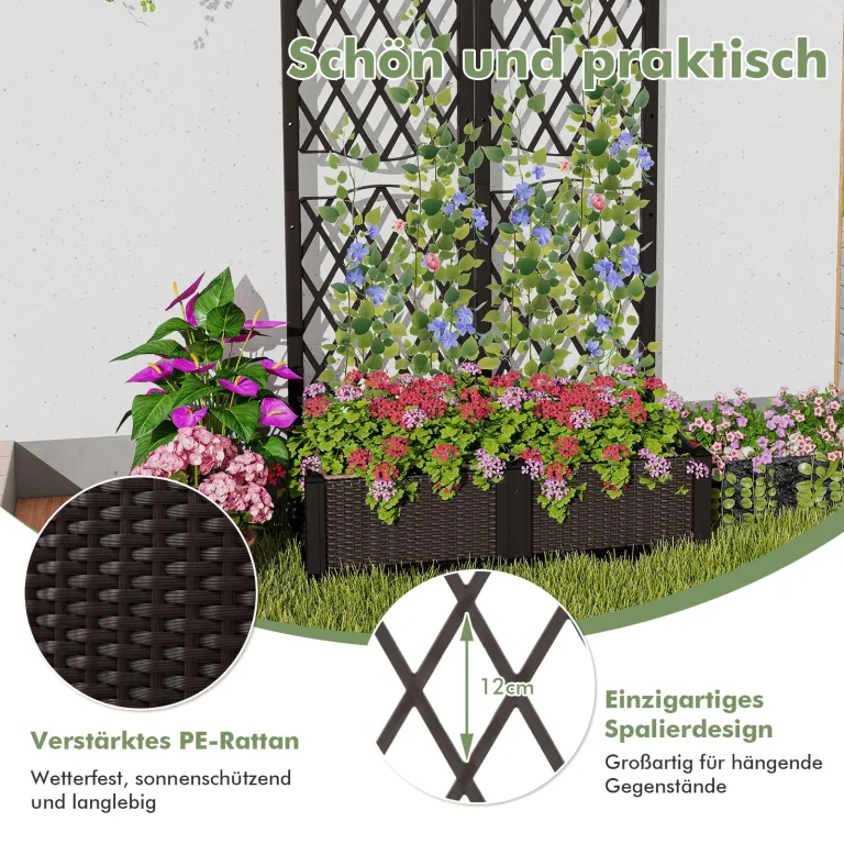 GOPLUS Blumenkasten mit Rankgitter, Hochbeet mit Spalier für Kletterpflanzen & Topfpflanzen, Tiefes Pflanzbeet mit Drainagelöchern für Balkon, Hinterhof & Garten (Braun, 80 x 40 x 122 cm) – Bild 7