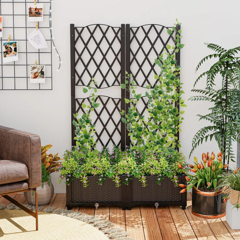 GOPLUS Blumenkasten mit Rankgitter, Hochbeet mit Spalier für Kletterpflanzen & Topfpflanzen, Tiefes Pflanzbeet mit Drainagelöchern für Balkon, Hinterhof & Garten (Braun, 80 x 40 x 122 cm) – Bild 9