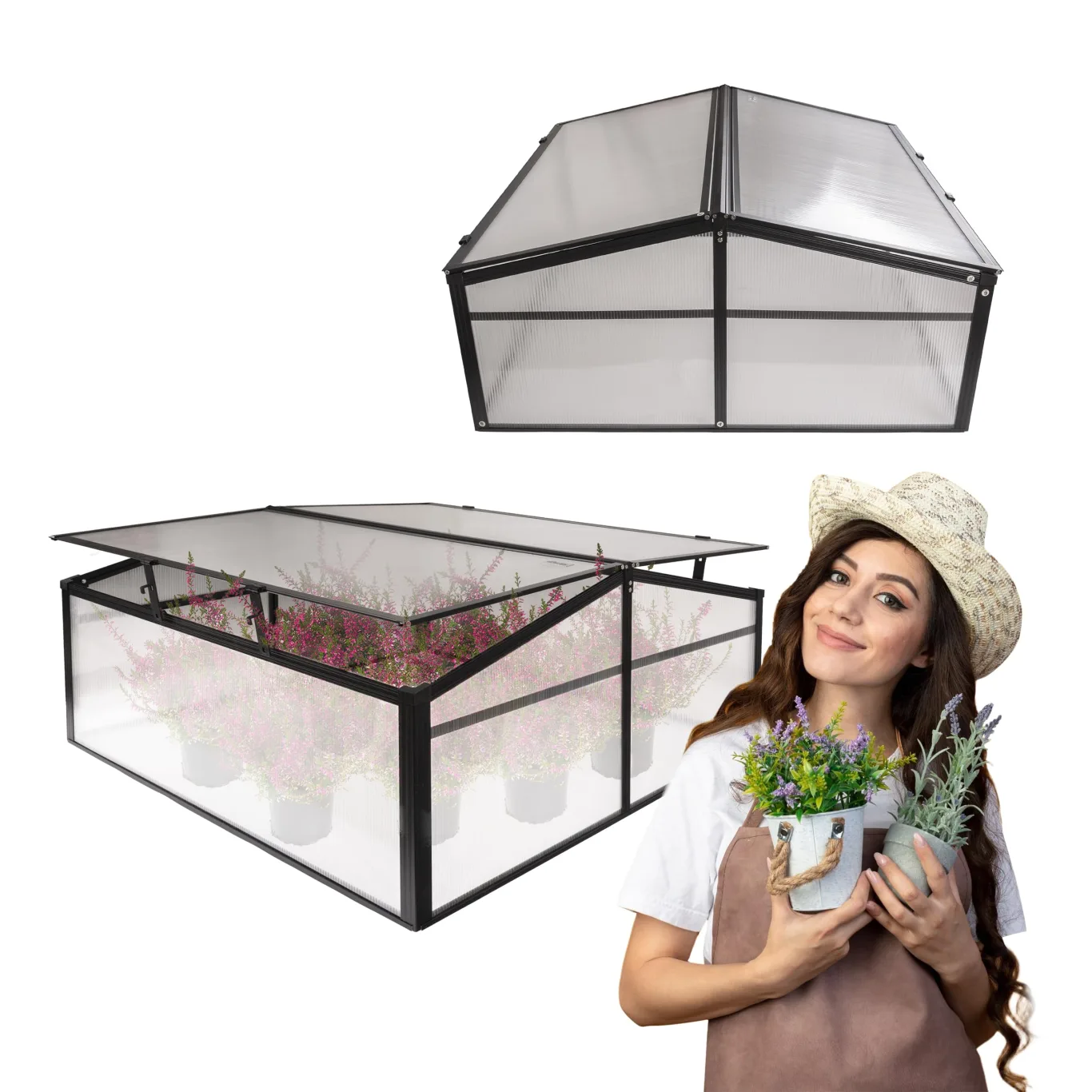 Frühbeet Mini Gewächshaus Pflanzenhaus - Aluminium & Polycarbonat, 100x100x48, schwarz - für Garten, Balkon und Terrasse, Winterfest, Stabil & Einfach zu Montieren - MAGNOLIA IV - Bild 1