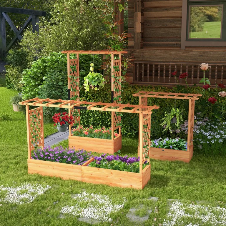 GOPLUS Hochbeet mit Rankgitter, Blumenkasten mit hängendem Dach & Ablauflöchern, Pflanzkasten Rankhilfe Pflanzkübel für Garten, Terrasse, Hof (Orange, 200 x 44 x 114 cm) – Bild 8