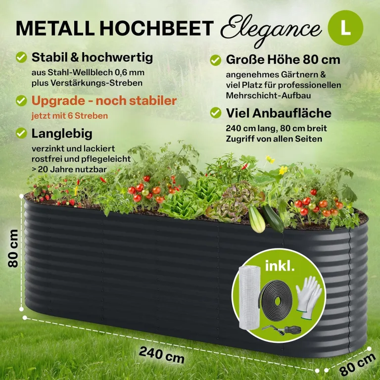 TTL GARDEN 240x80x80cm Elegance L Metall Hochbeet Anthrazit - Stahl rostfrei verzinkt & grau lackiert Wellblech ovale Form sehr stabil Garten Beet für Gemüse Kräuter Blumen Gartenbeet Gemüsebeet – Bild 2