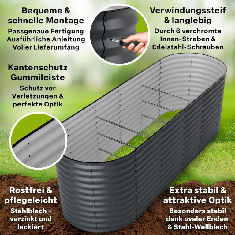 TTL GARDEN 240x80x80cm Elegance L Metall Hochbeet Anthrazit - Stahl rostfrei verzinkt & grau lackiert Wellblech ovale Form sehr stabil Garten Beet für Gemüse Kräuter Blumen Gartenbeet Gemüsebeet – Bild 3