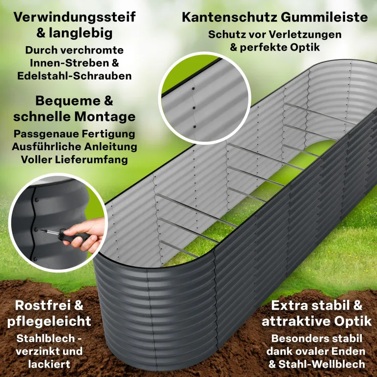 TTL GARDEN 320x80x80cm Elegance XL Metall Hochbeet Anthrazit - Stahl rostfrei verzinkt & grau lackiert Wellblech ovale Form sehr stabil Garten Beet für Gemüse Kräuter Blumen Gartenbeet Gemüsebeet – Bild 3
