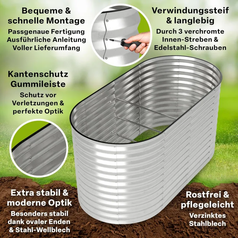 TTL GARDEN 160x80x80cm Spirit M Metall Hochbeet Silber - Stahl rostfrei verzinkt Wellblech ovale Form groß sehr stabil & wetterfest Garten Beet für Gemüse Kräuter Blumen Gartenbeet Gemüsebeet – Bild 3