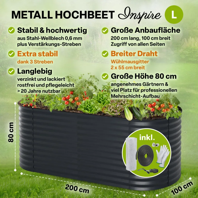TTL GARDEN 200x100x80cm Inspire L anthrazit Metall Hochbeet - Stahl rostfrei verzinkt & grau lackiert Wellblech ovale Form sehr stabil Garten Beet für Gemüse Kräuter Blumen Gartenbeet Gemüsebeet – Bild 2