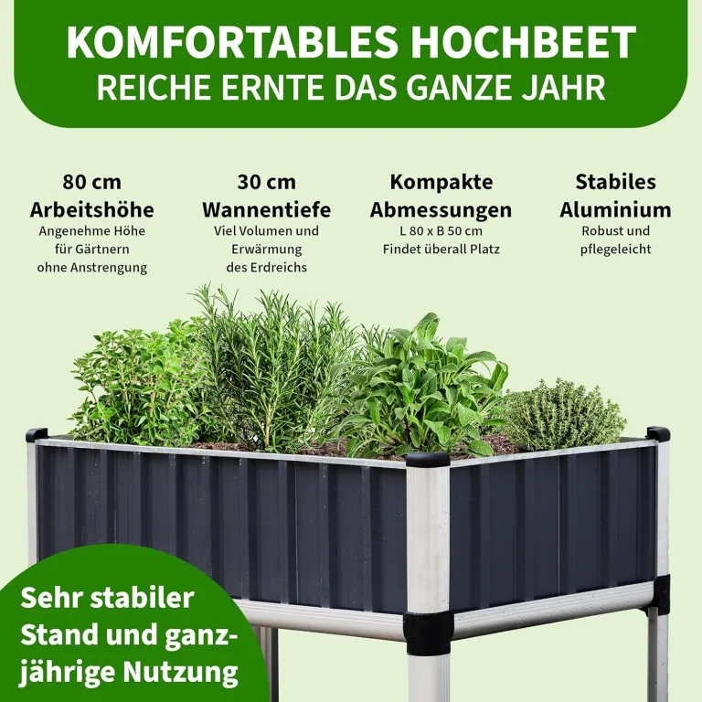 TTL GARDEN Superior M 80x50x80cm Hochbeet aus Metall - Anthrazit-Silber Alu + Stahl verzinkt & lackiert - Frühbeet Pflanzkasten Kräuterbeet Blumenbeet Blumenkasten für Garten Balkon Terrasse – Bild 4