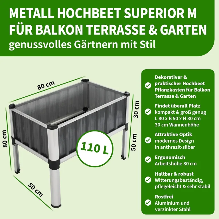 TTL GARDEN Superior M 80x50x80cm Hochbeet aus Metall - Anthrazit-Silber Alu + Stahl verzinkt & lackiert - Frühbeet Pflanzkasten Kräuterbeet Blumenbeet Blumenkasten für Garten Balkon Terrasse – Bild 2