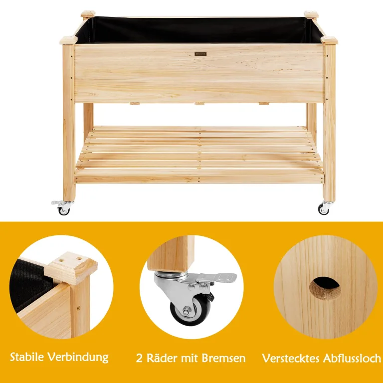 COSTWAY Hochbeet mit Ablage & Rollen, Erhöhtes Gartenbeet aus Holz, Pflanzkasten mit feststellbaren Rädern & Abdeckfolie, Gemüsebeet Kräuterbeet groß, für Balkon Garten Terrasse, 120 x 59 x 84 cm – Bild 4