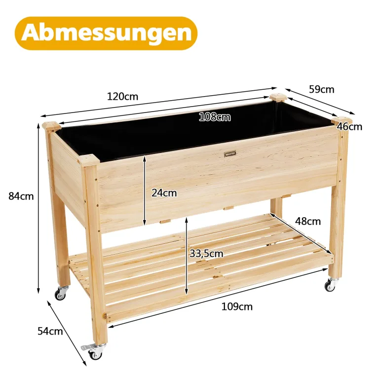 COSTWAY Hochbeet mit Ablage & Rollen, Erhöhtes Gartenbeet aus Holz, Pflanzkasten mit feststellbaren Rädern & Abdeckfolie, Gemüsebeet Kräuterbeet groß, für Balkon Garten Terrasse, 120 x 59 x 84 cm – Bild 6
