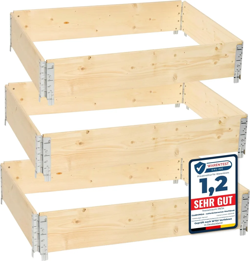 naturbelassene Hochbeete für Garten Palettenrahmen 120x80x20 cm Hochbeet Holz 3 Stück steckbar stapelbar faltbar für Pflanzen Blumen Kräuter Obst und Gemüse GD-0075