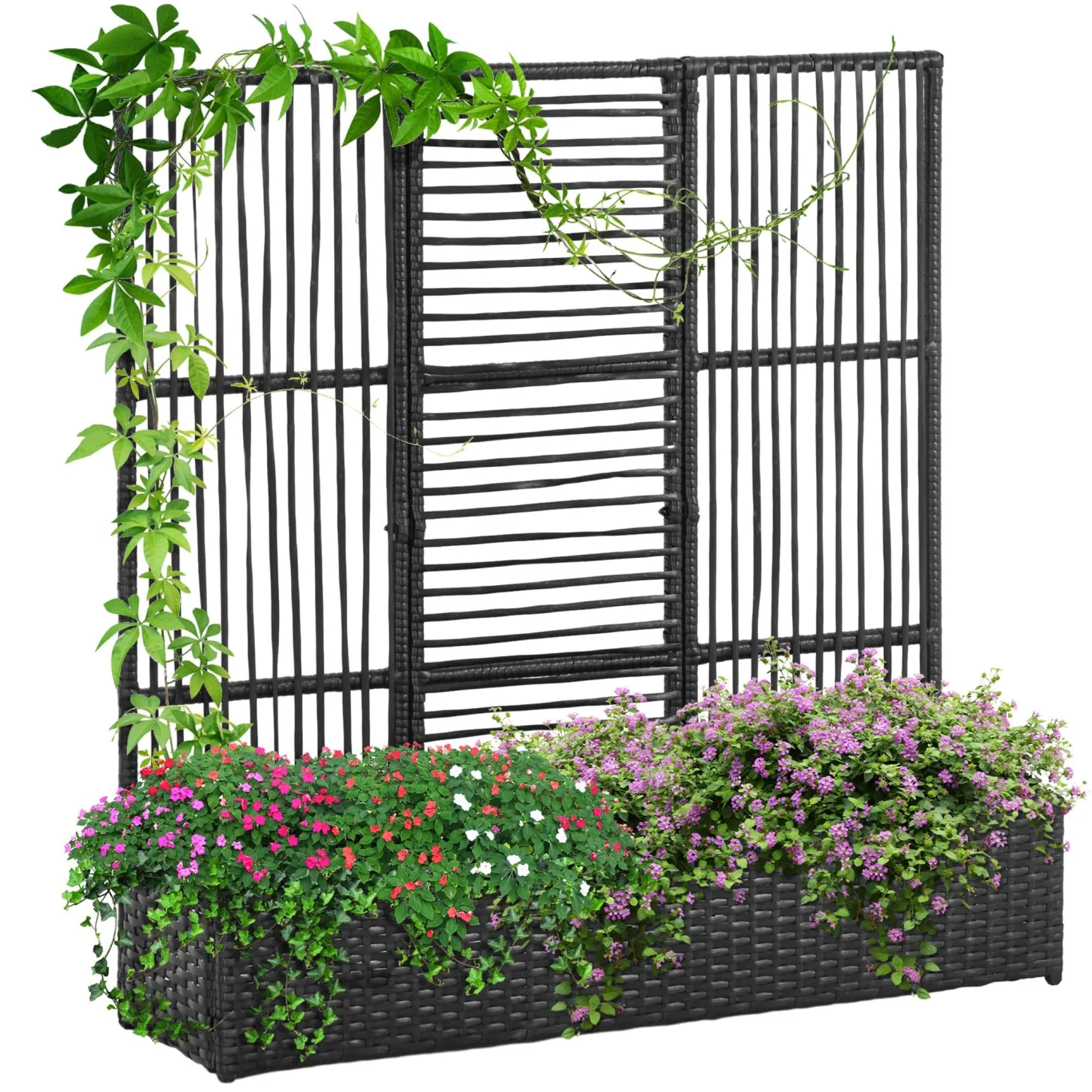 Outsunny Hochbeet mit Rankgitter in Rattan-Optik Pflanzkasten mit Rankhilfe für Kletterpflanzen Blumenkasten Blumenbeet Pflanzkübel Rankkasten für Garten, Balkon, 103 x 29 x 103 cm Schwarz - Bild 1